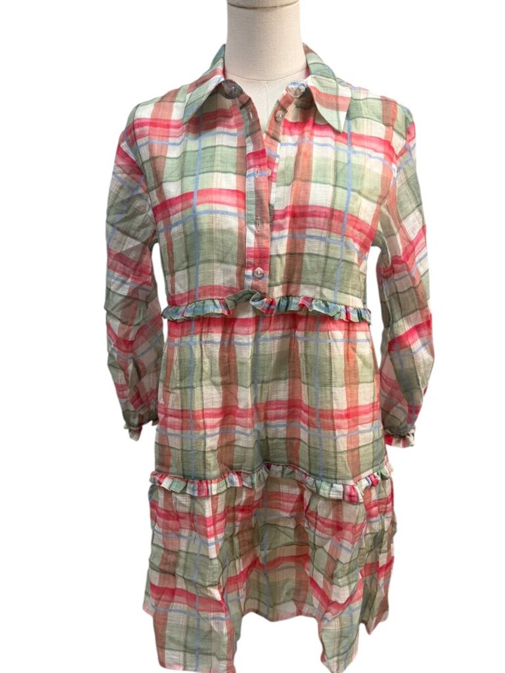 NWT Anthropologie Plaid Tiered Ruffle Mini Dress XXS Green Pink Cottagecore